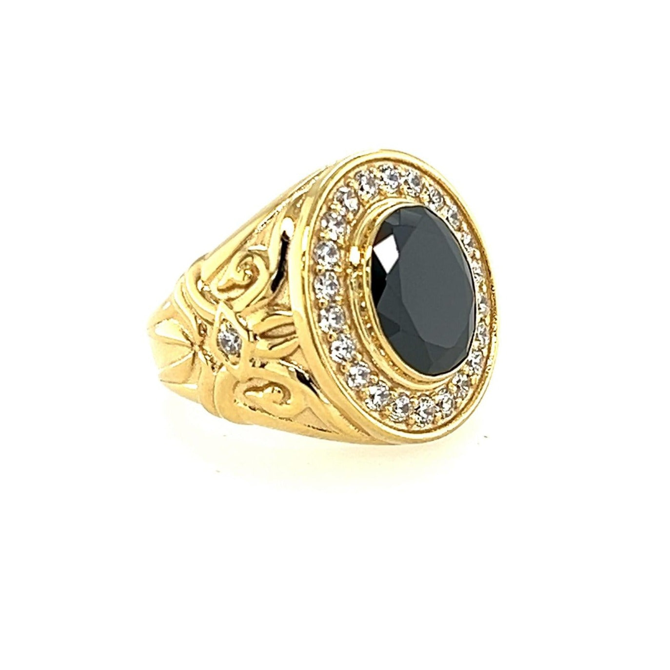 Men's Gold Ring Black Stone with Diamonds