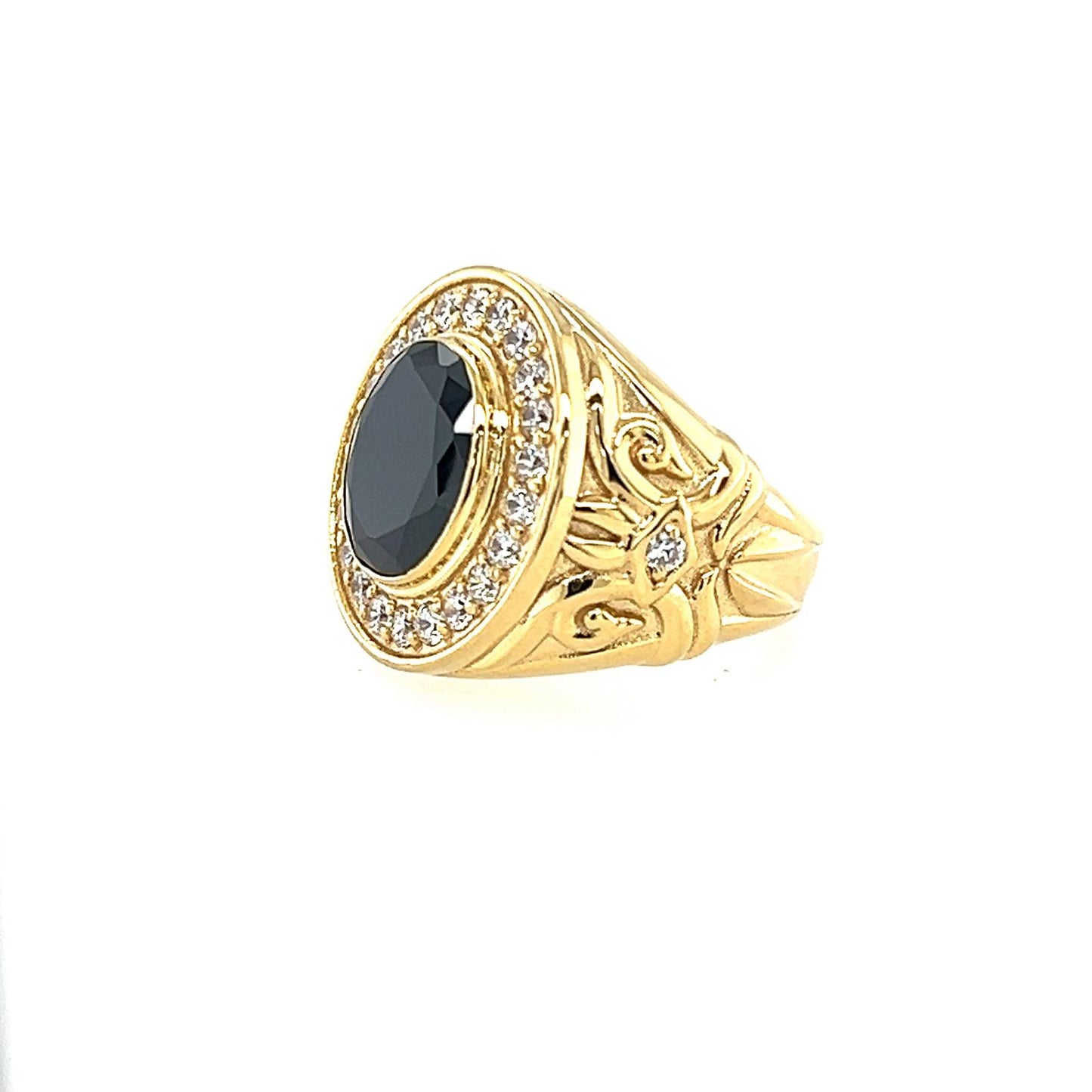 Men's Gold Ring Black Stone with Diamonds