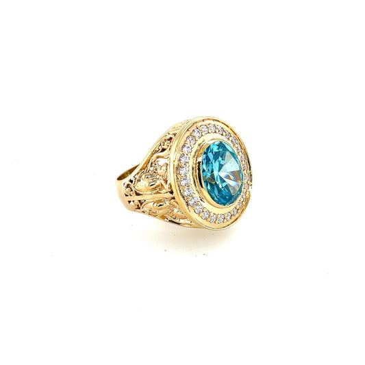 Men's Gold Aqua Stone and Diamond Ring