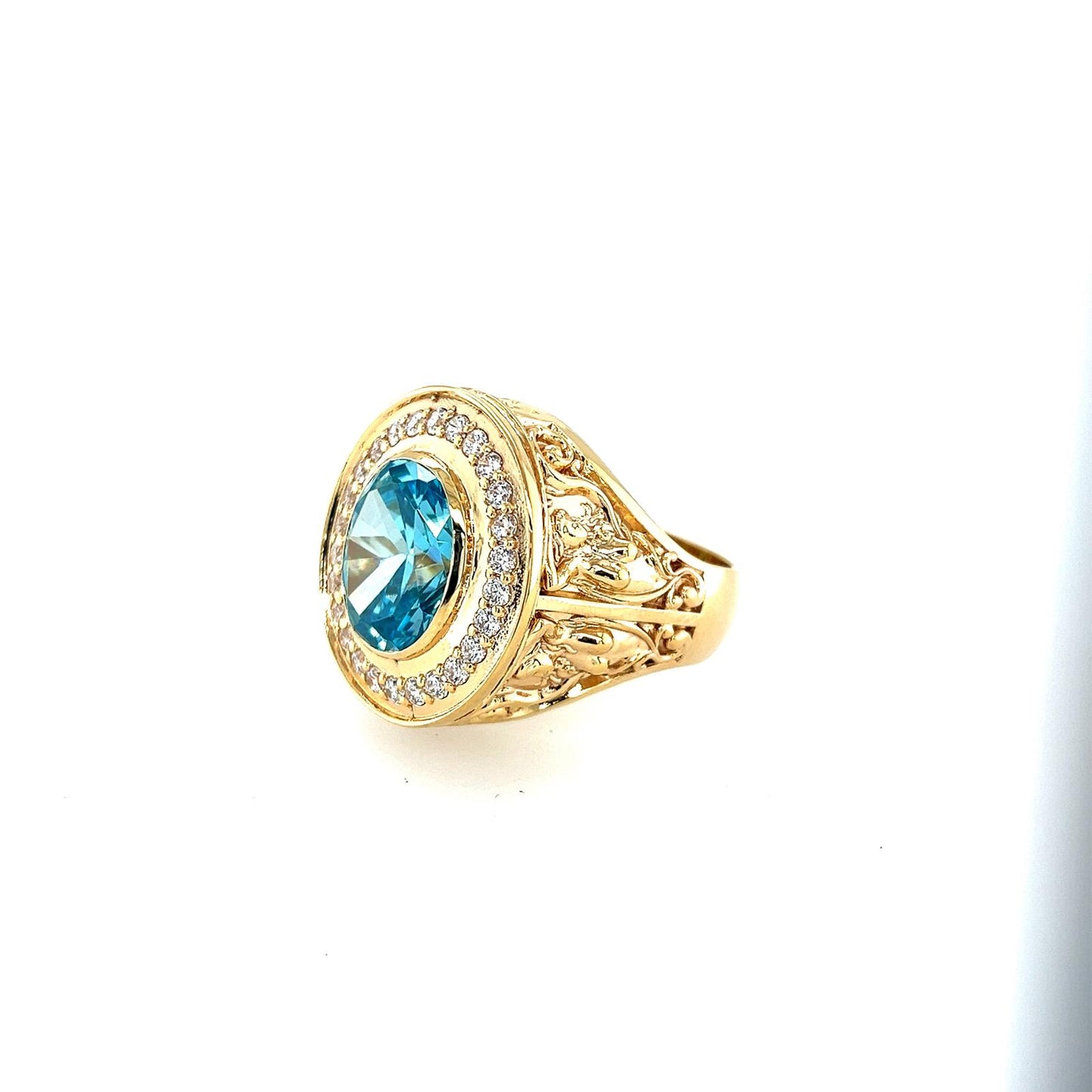 Men's Gold Aqua Stone and Diamond Ring